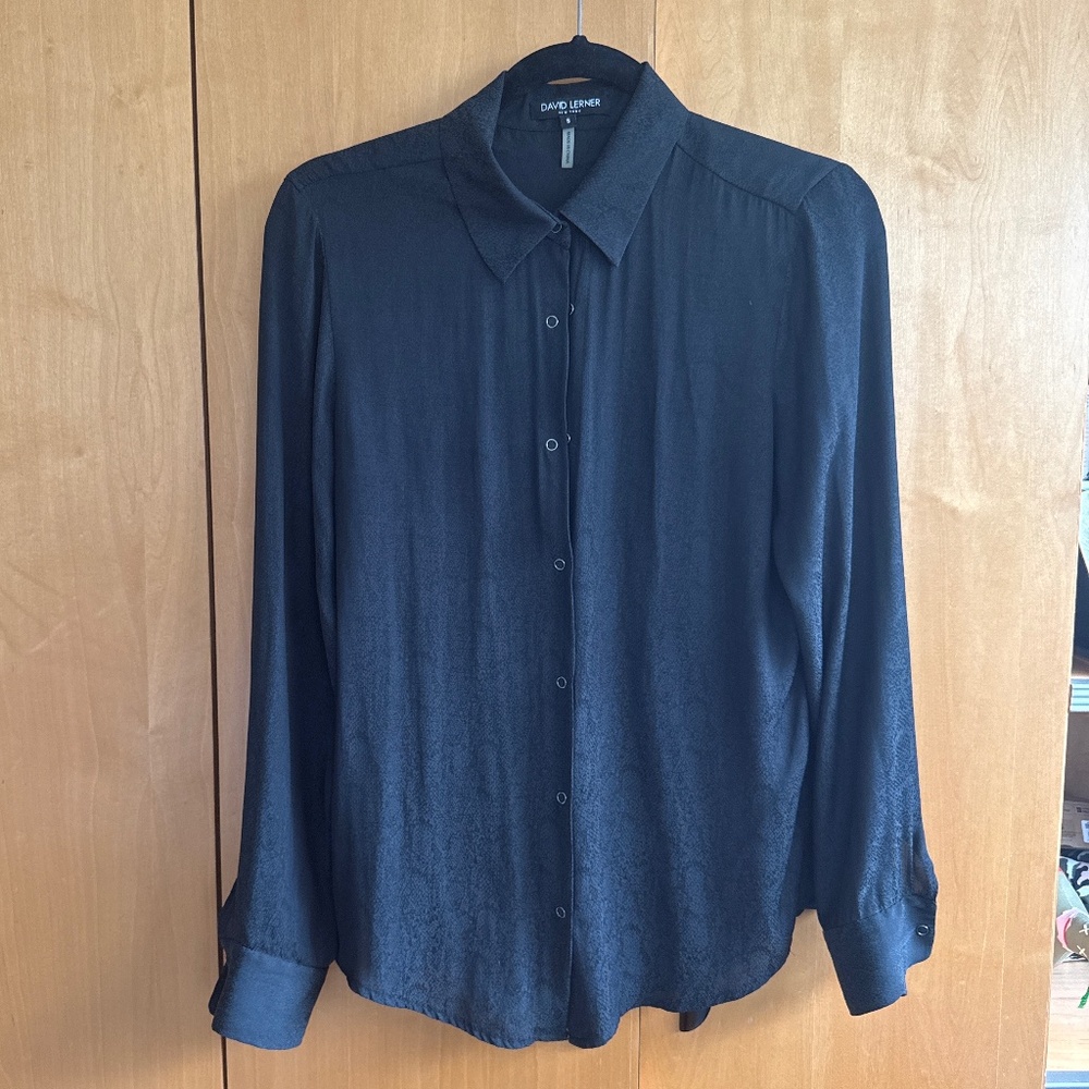 David Lerner Black Snakeskin Print Snap Button Shirt Size S Silky